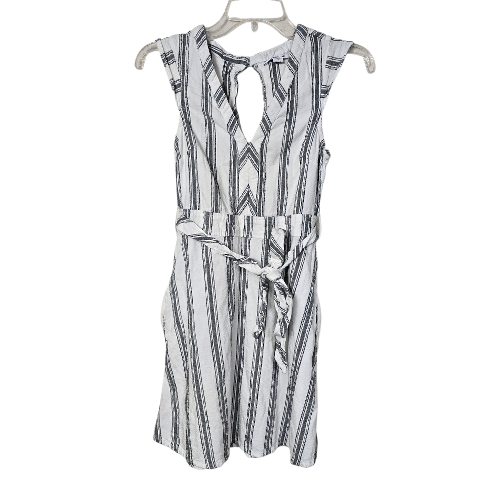 O'neill Gray Stripes White V Neck Sleeveless Waist Tie Dress S